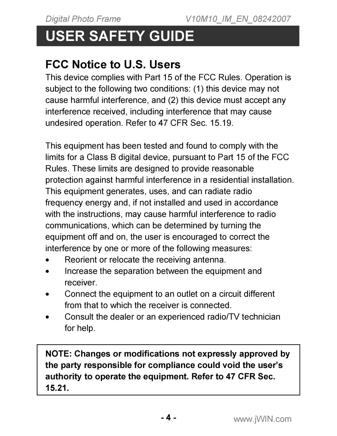 Jwin JP-119 instruction manual FCC Notice to U.S. Users 