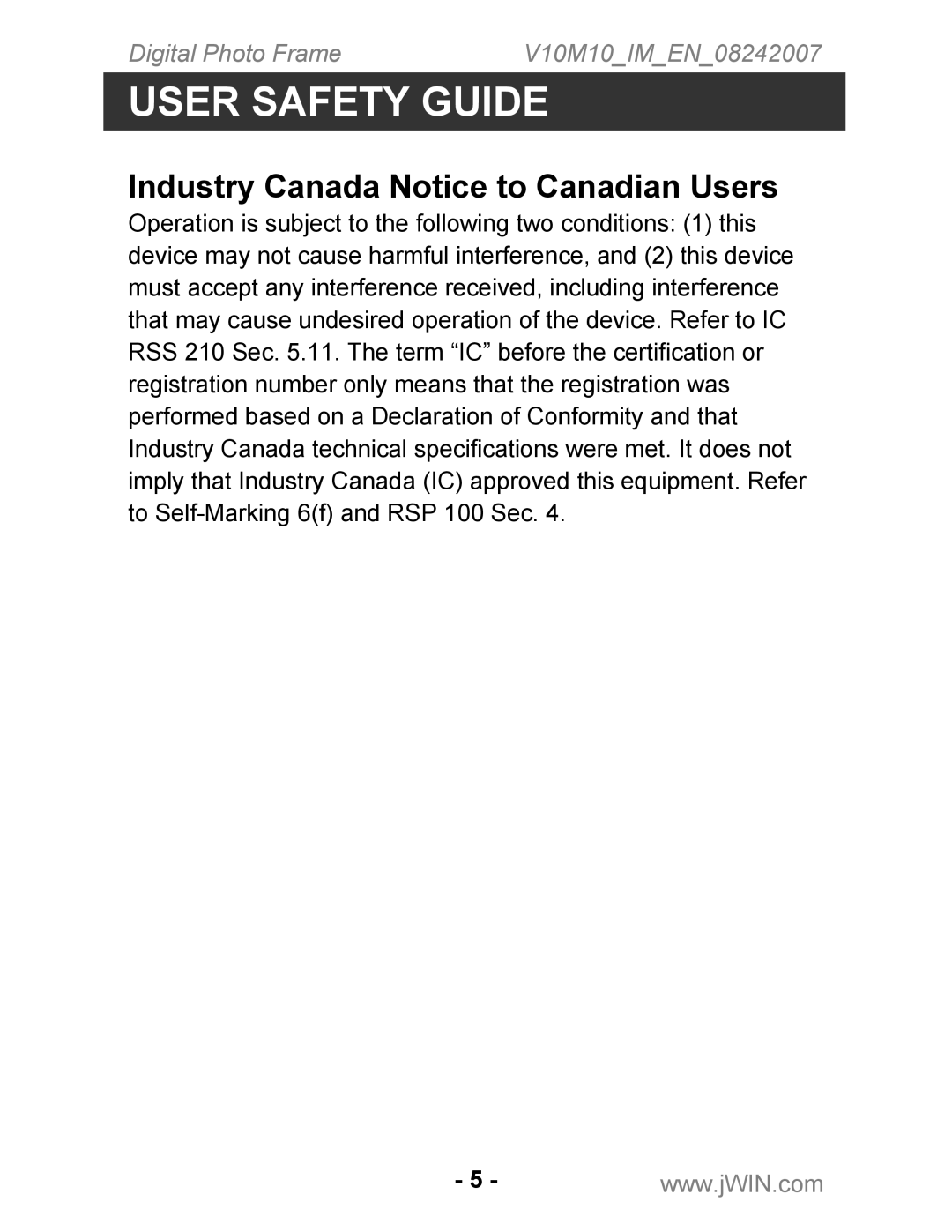 Jwin JP-119 instruction manual Industry Canada Notice to Canadian Users 