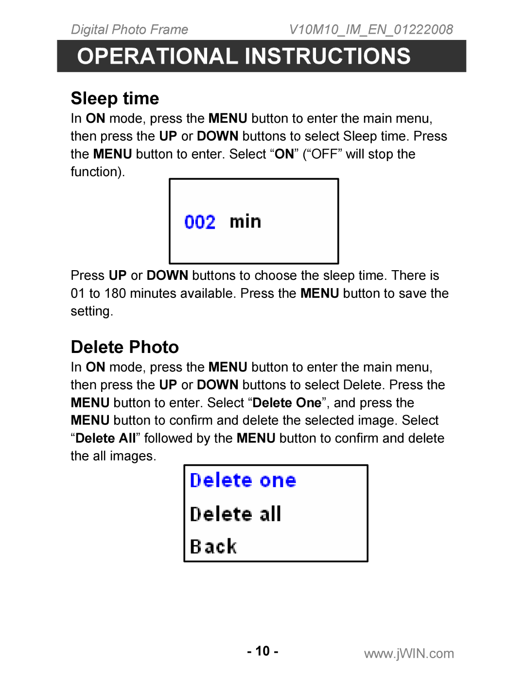 Jwin JP-121 instruction manual Sleep time, Delete Photo 