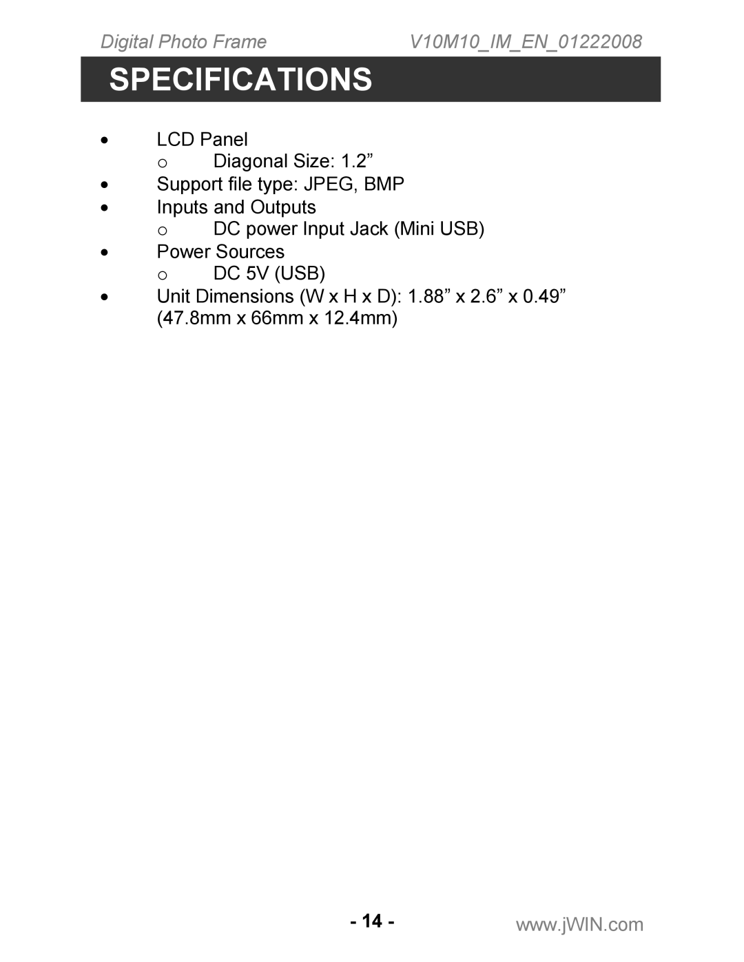 Jwin JP-121 instruction manual Specifications 