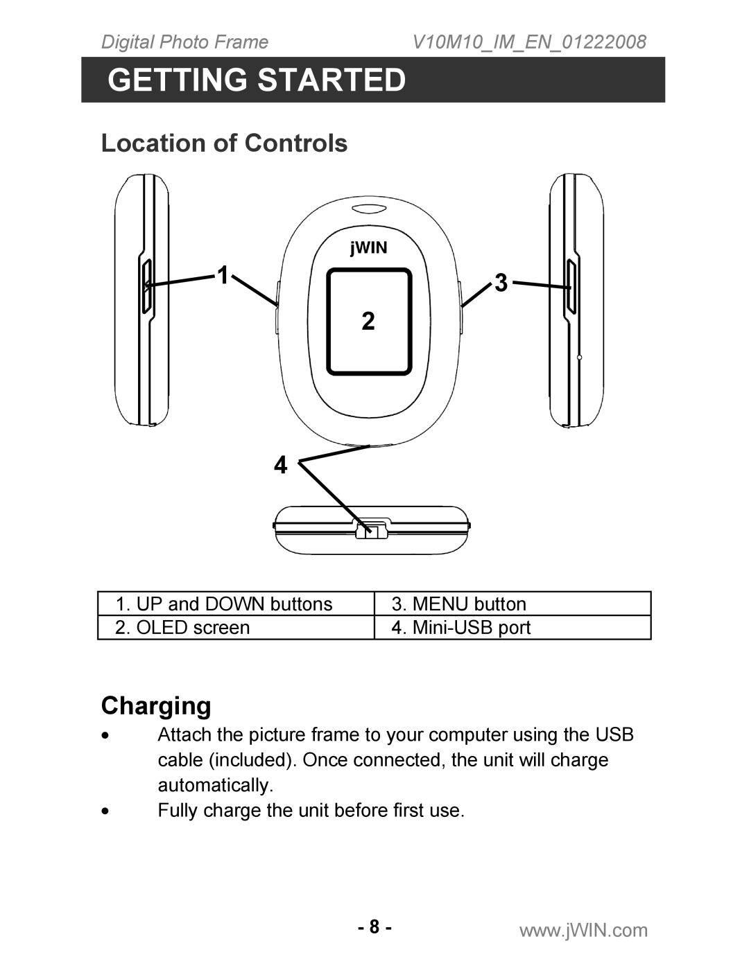 Jwin JP-121 instruction manual Location of Controls, Charging 