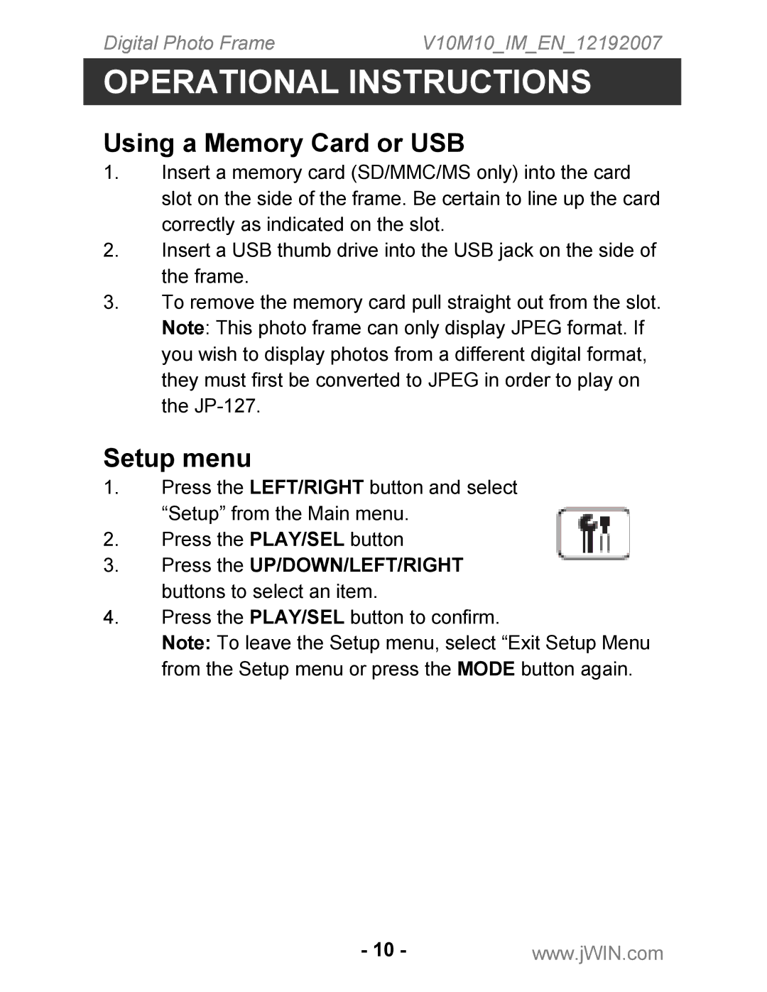 Jwin JP-127 instruction manual Operational Instructions, Using a Memory Card or USB, Setup menu 