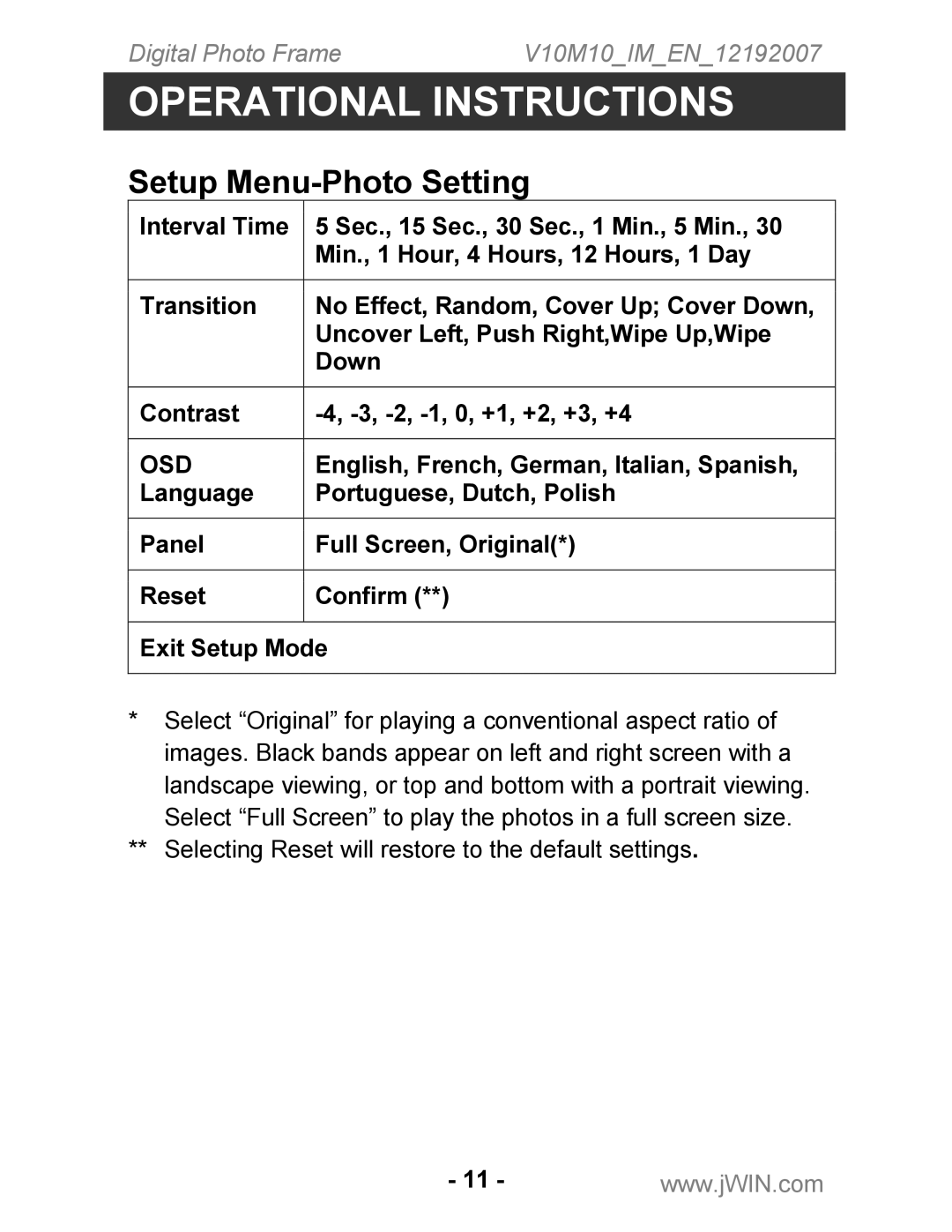 Jwin JP-127 instruction manual Setup Menu-Photo Setting, Osd 