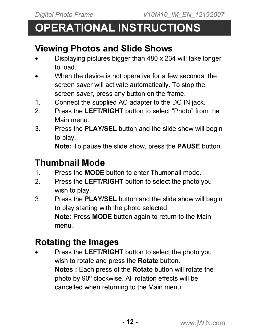 Jwin JP-127 instruction manual Viewing Photos and Slide Shows, Thumbnail Mode, Rotating the Images 