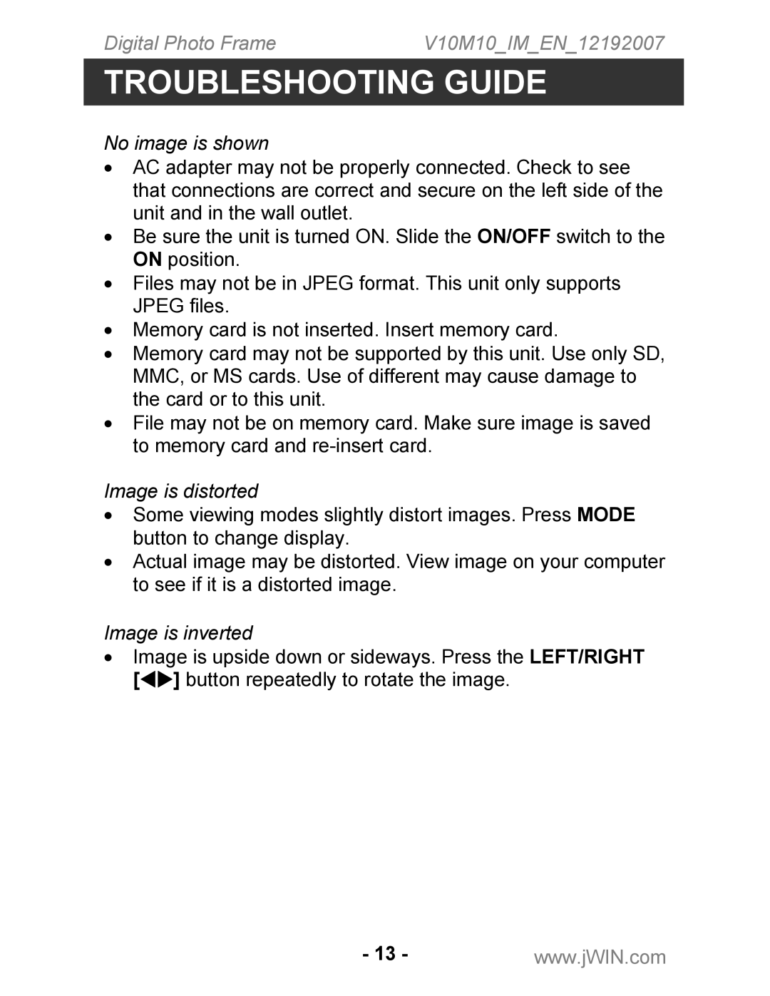 Jwin JP-127 instruction manual Troubleshooting Guide, No image is shown 