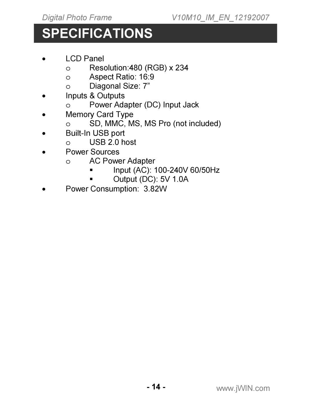 Jwin JP-127 instruction manual Specifications 