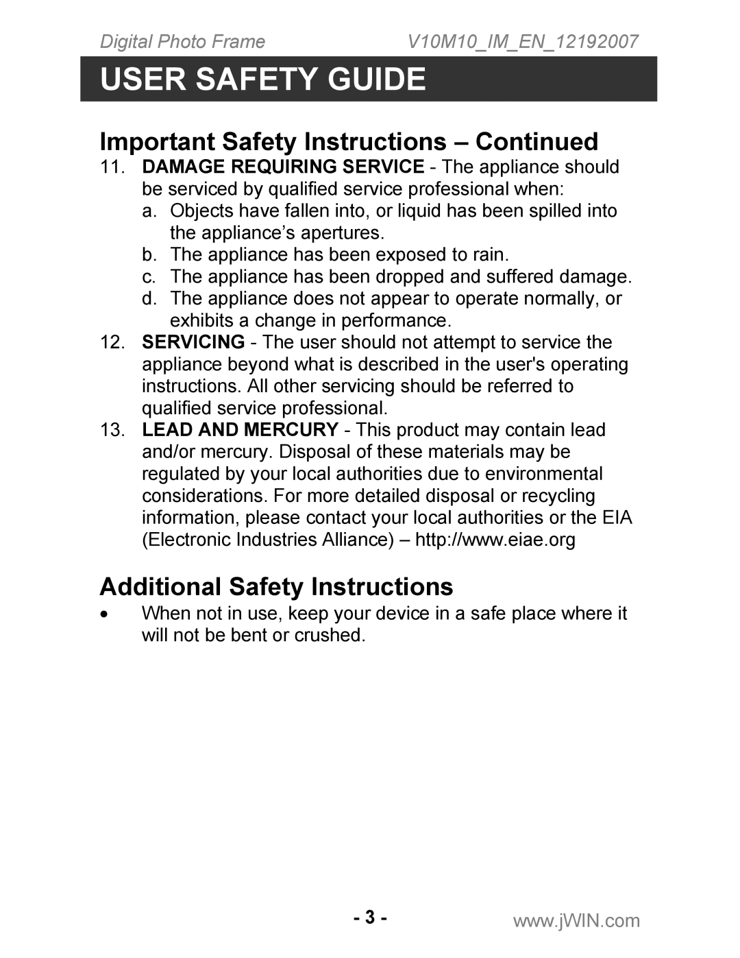 Jwin JP-127 instruction manual Additional Safety Instructions 