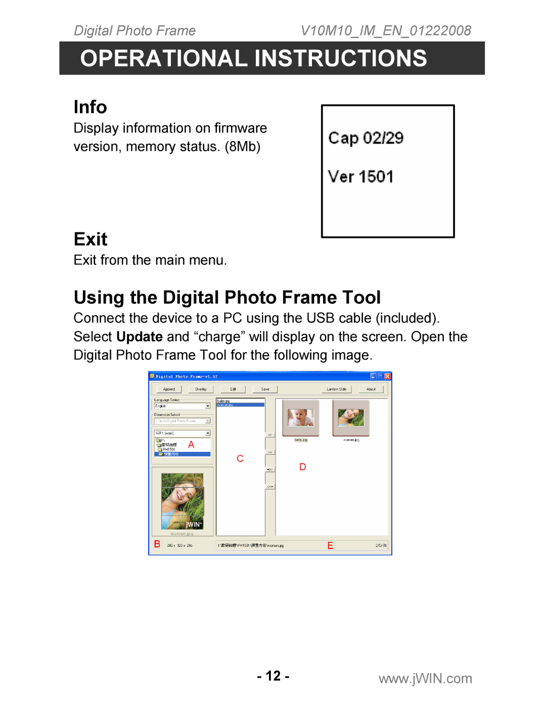 Jwin JP-131 instruction manual Info, Exit, Using the Digital Photo Frame Tool 