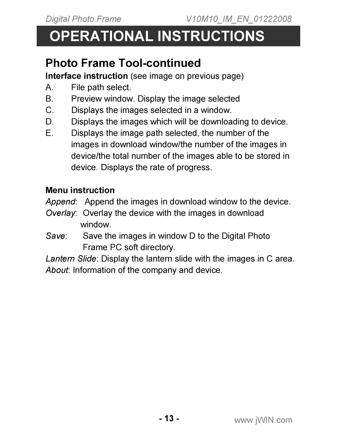 Jwin JP-131 instruction manual Photo Frame Tool, Menu instruction 