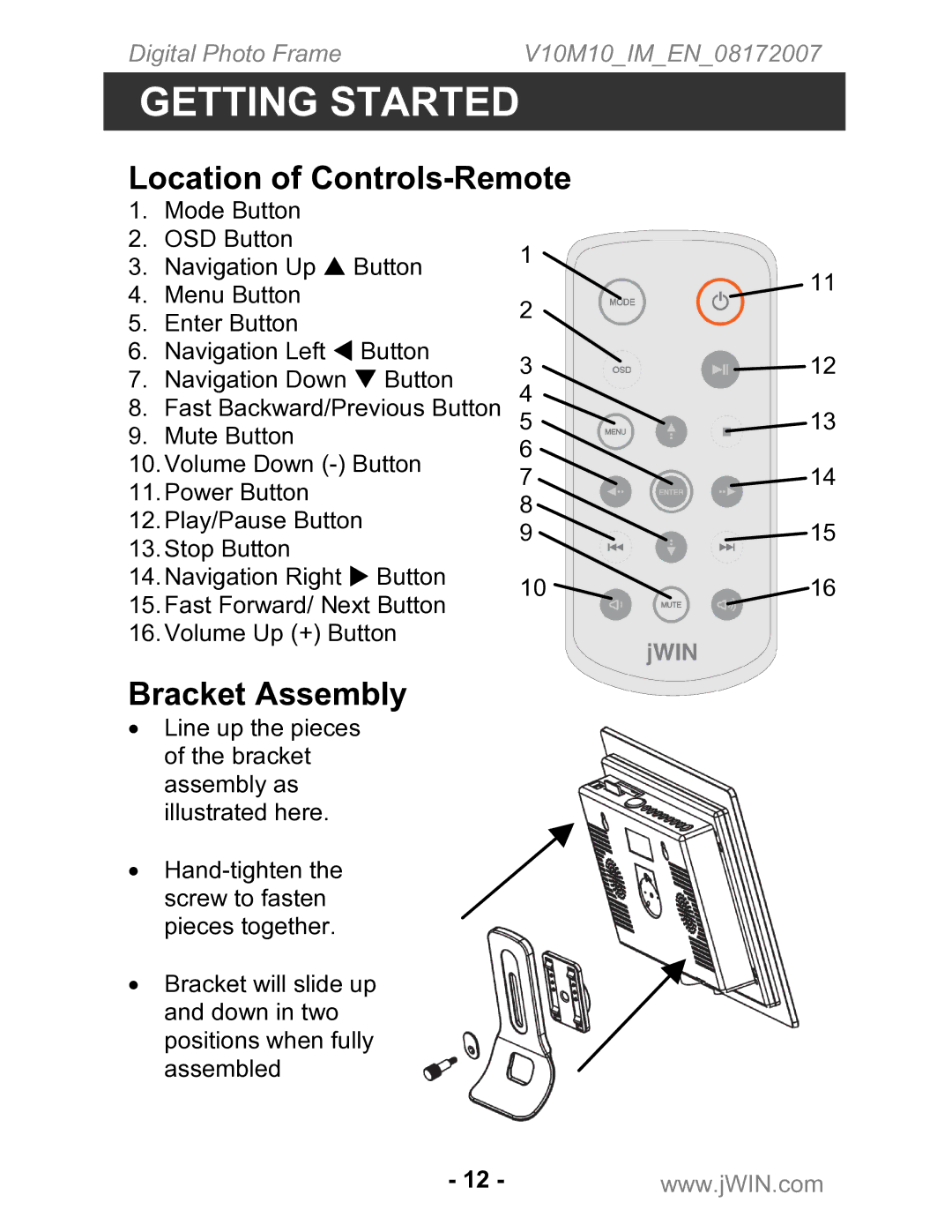 Jwin JP-147 instruction manual Location of Controls-Remote, Bracket Assembly 