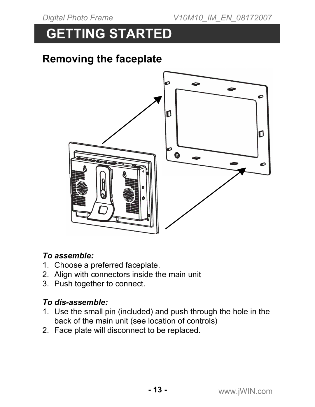 Jwin JP-147 instruction manual Removing the faceplate, To assemble 