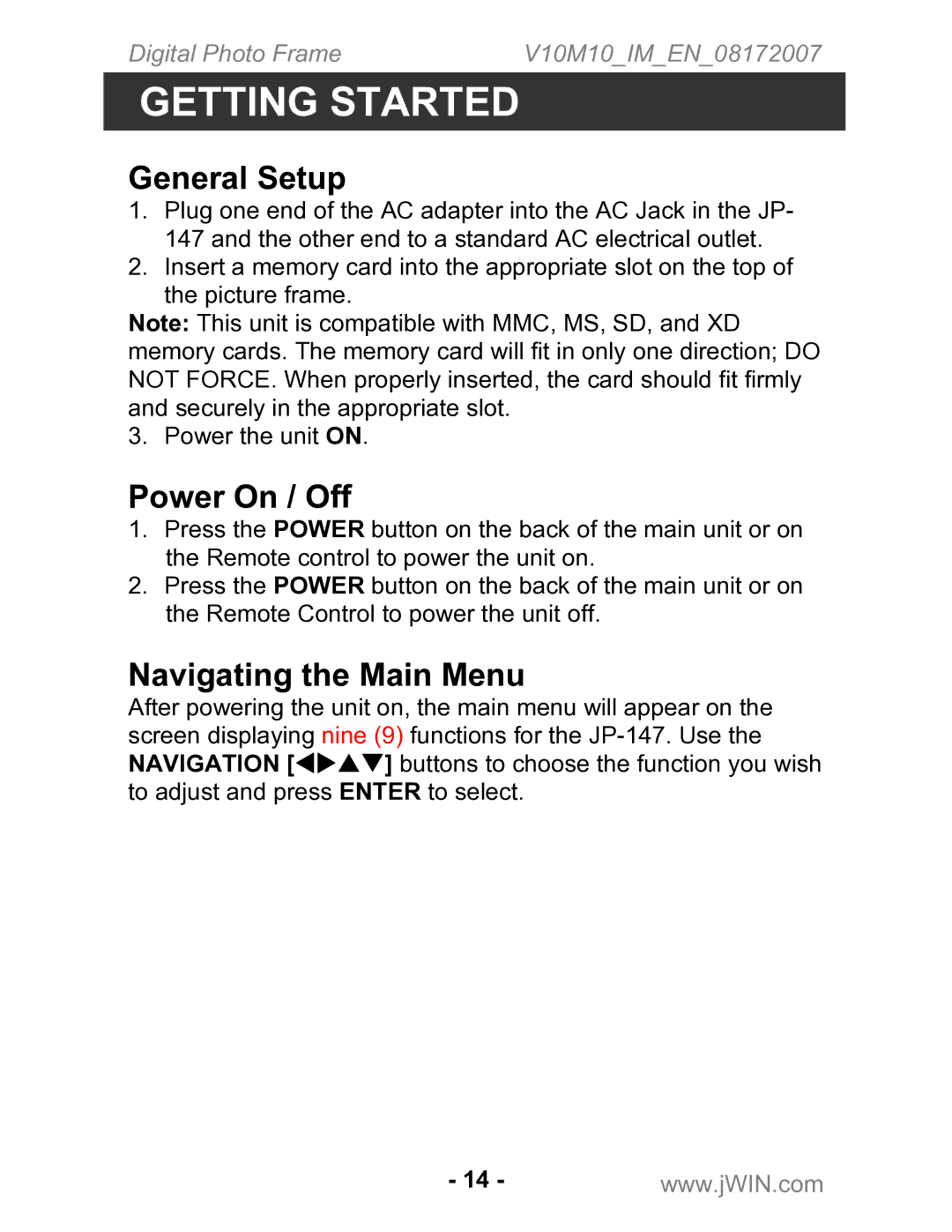 Jwin JP-147 instruction manual General Setup, Power On / Off, Navigating the Main Menu 