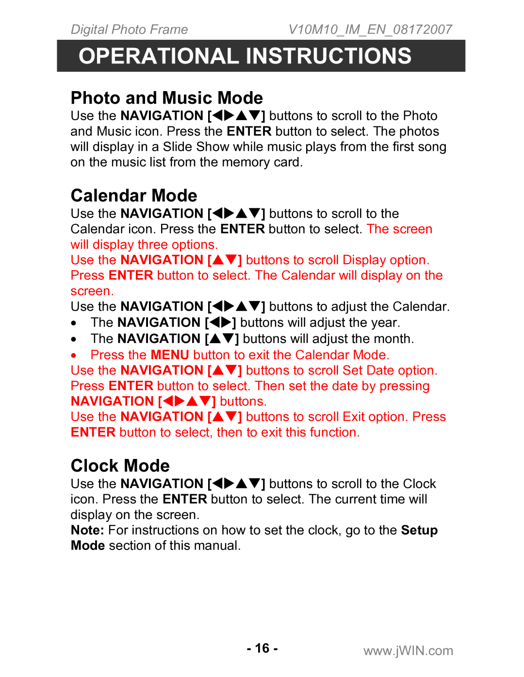 Jwin JP-147 instruction manual Photo and Music Mode, Calendar Mode, Clock Mode 