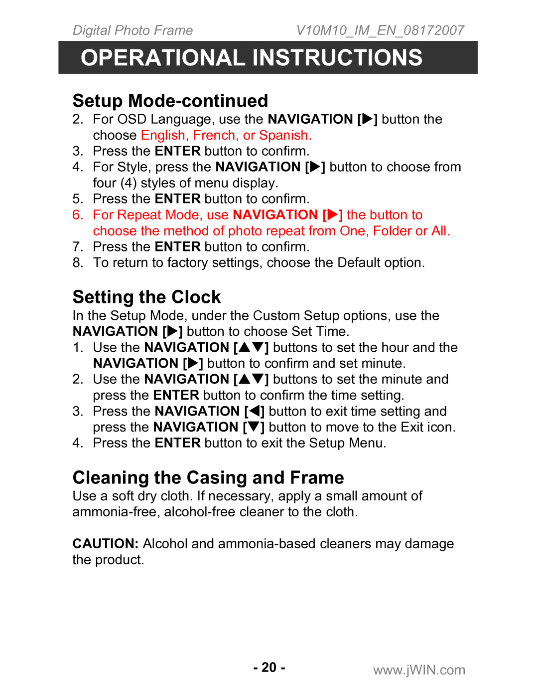 Jwin JP-147 instruction manual Setting the Clock, Cleaning the Casing and Frame 