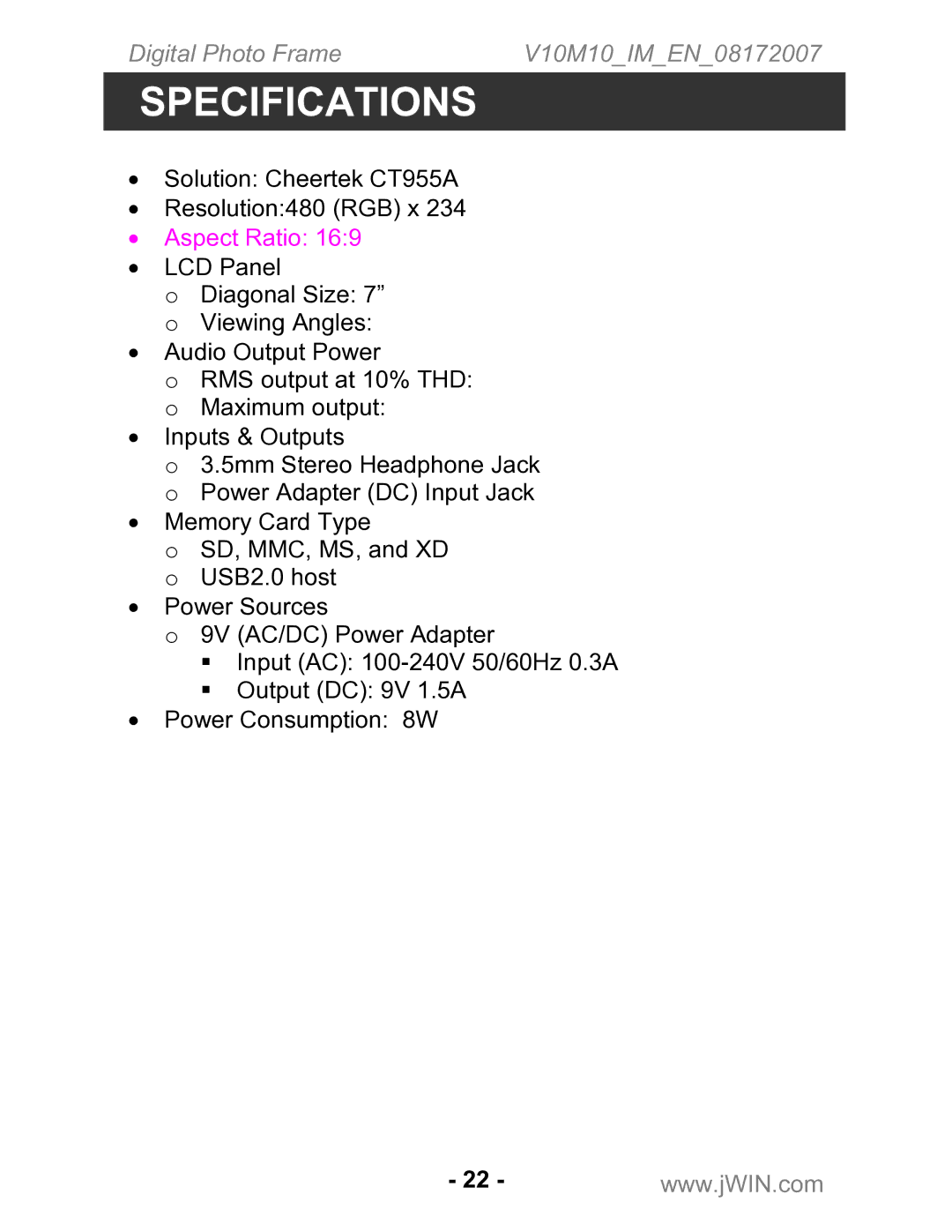 Jwin JP-147 instruction manual Specifications, Aspect Ratio 