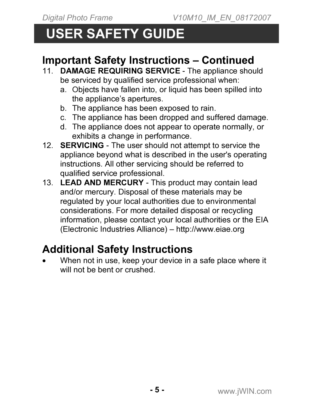 Jwin JP-147 instruction manual Additional Safety Instructions 