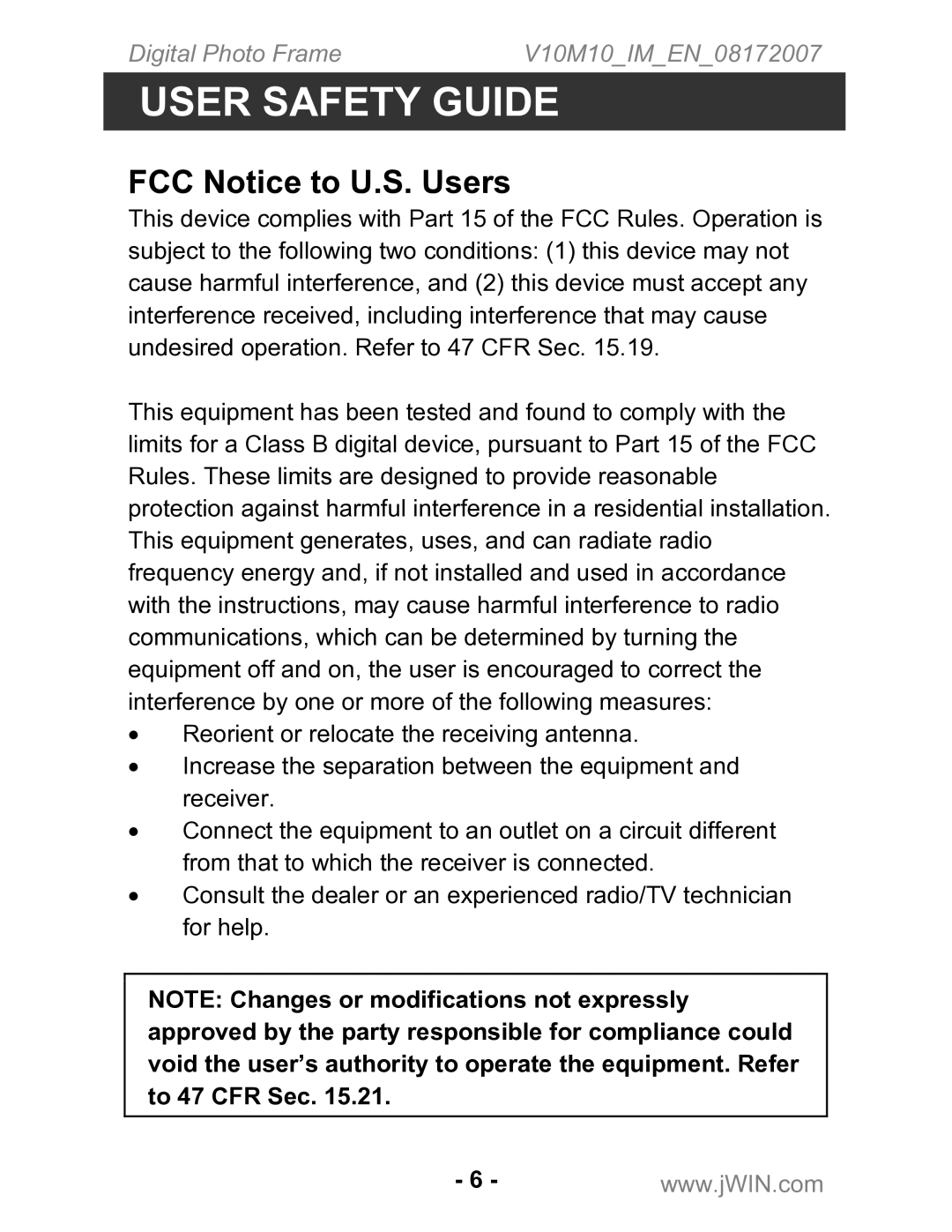 Jwin JP-147 instruction manual FCC Notice to U.S. Users 