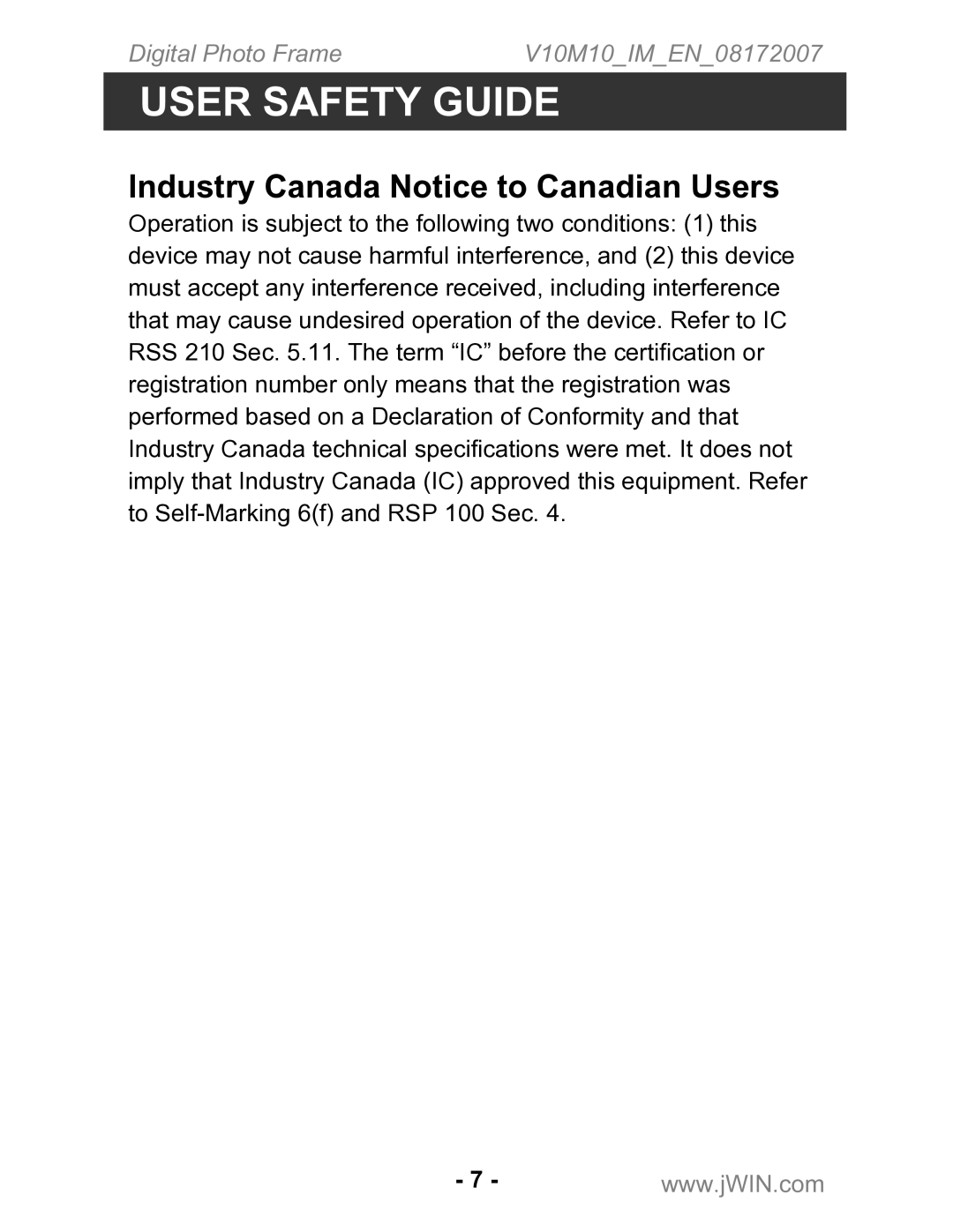 Jwin JP-147 instruction manual Industry Canada Notice to Canadian Users 