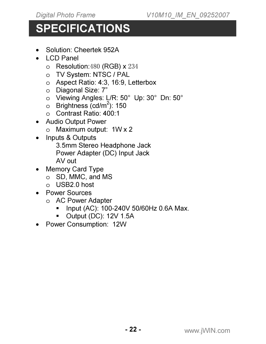 Jwin JP-177, JP-187, JP-197 instruction manual Specifications 