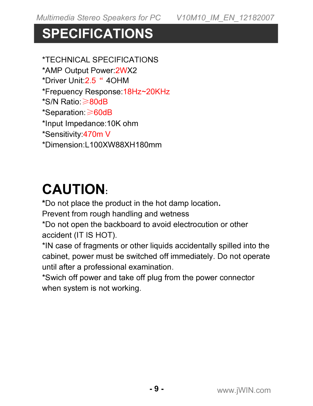 Jwin JS-P200 instruction manual Specifications 