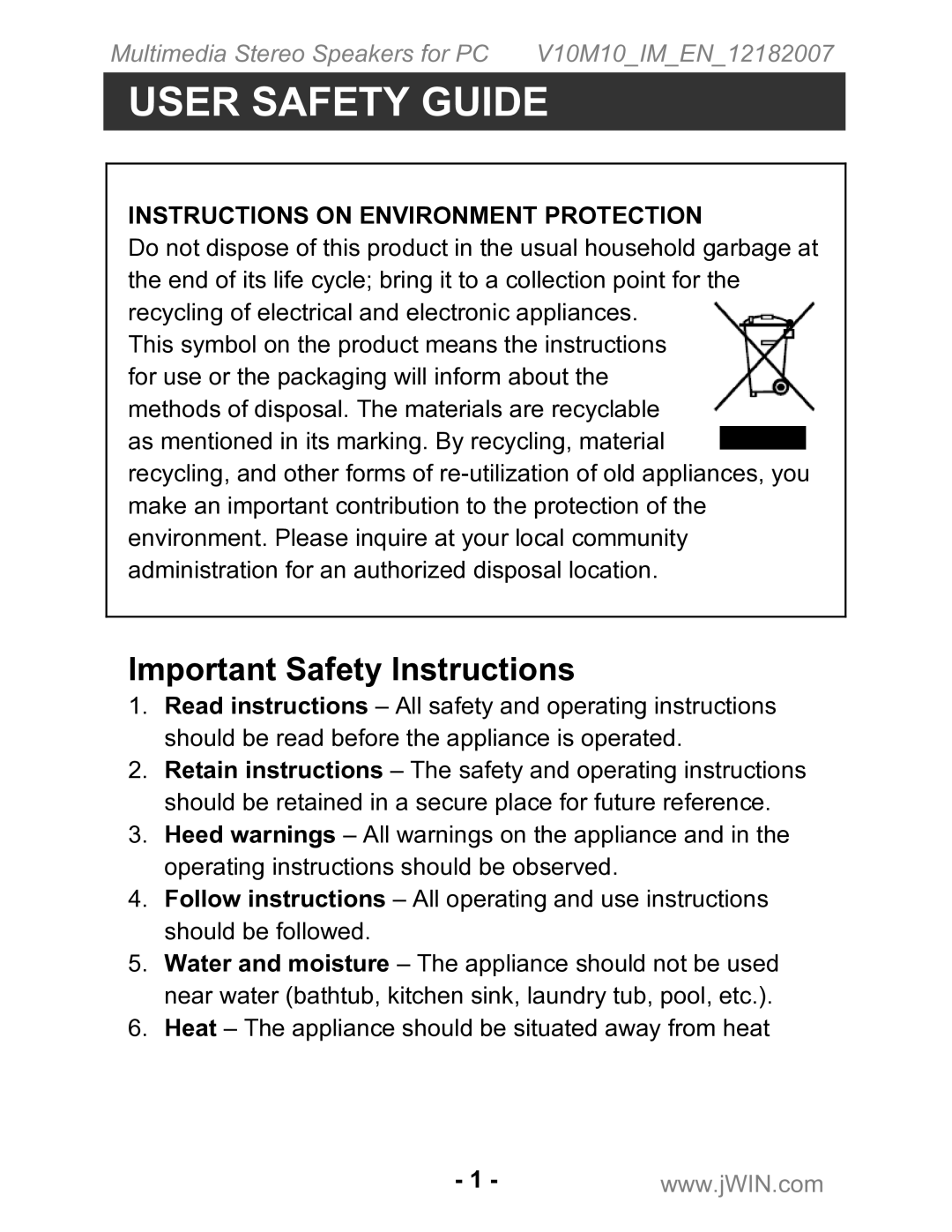 Jwin JS-P200 instruction manual User Safety Guide, Important Safety Instructions 