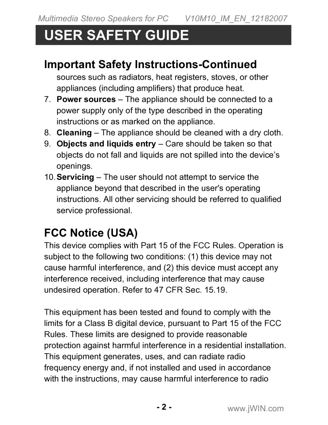 Jwin JS-P200 instruction manual FCC Notice USA 