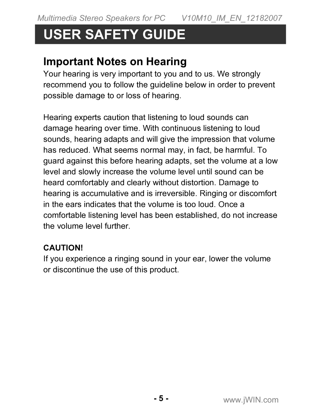 Jwin JS-P200 instruction manual Important Notes on Hearing 