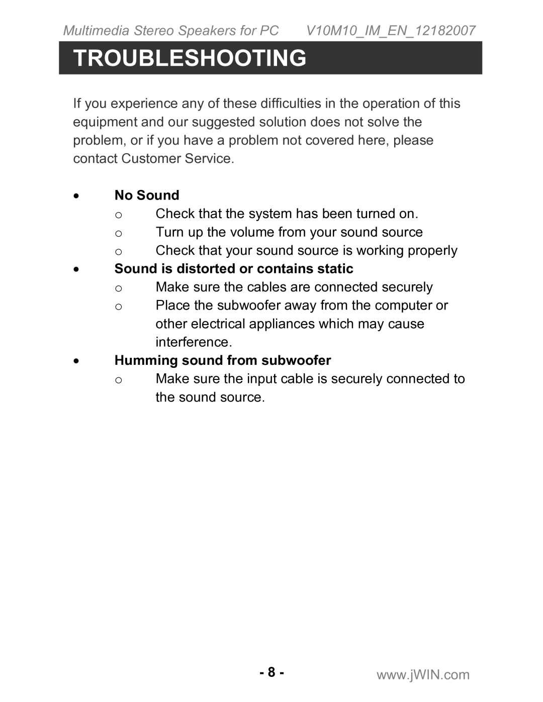 Jwin JS-P200 instruction manual Troubleshooting, No Sound 