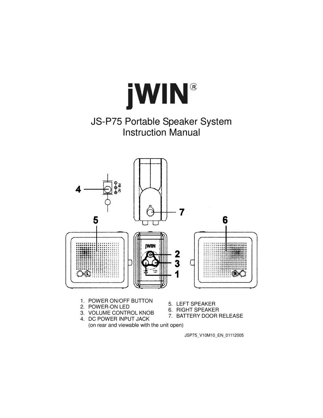 Jwin instruction manual JS-P75 Portable Speaker System, On rear and viewable with the unit open 