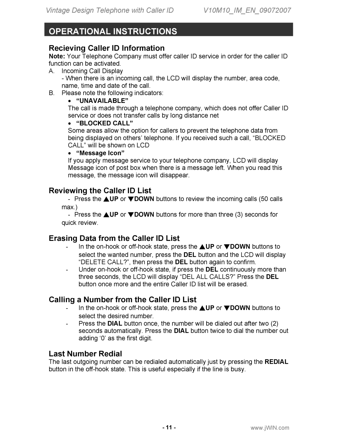 Jwin JT-P430 Recieving Caller ID Information, Reviewing the Caller ID List, Erasing Data from the Caller ID List 