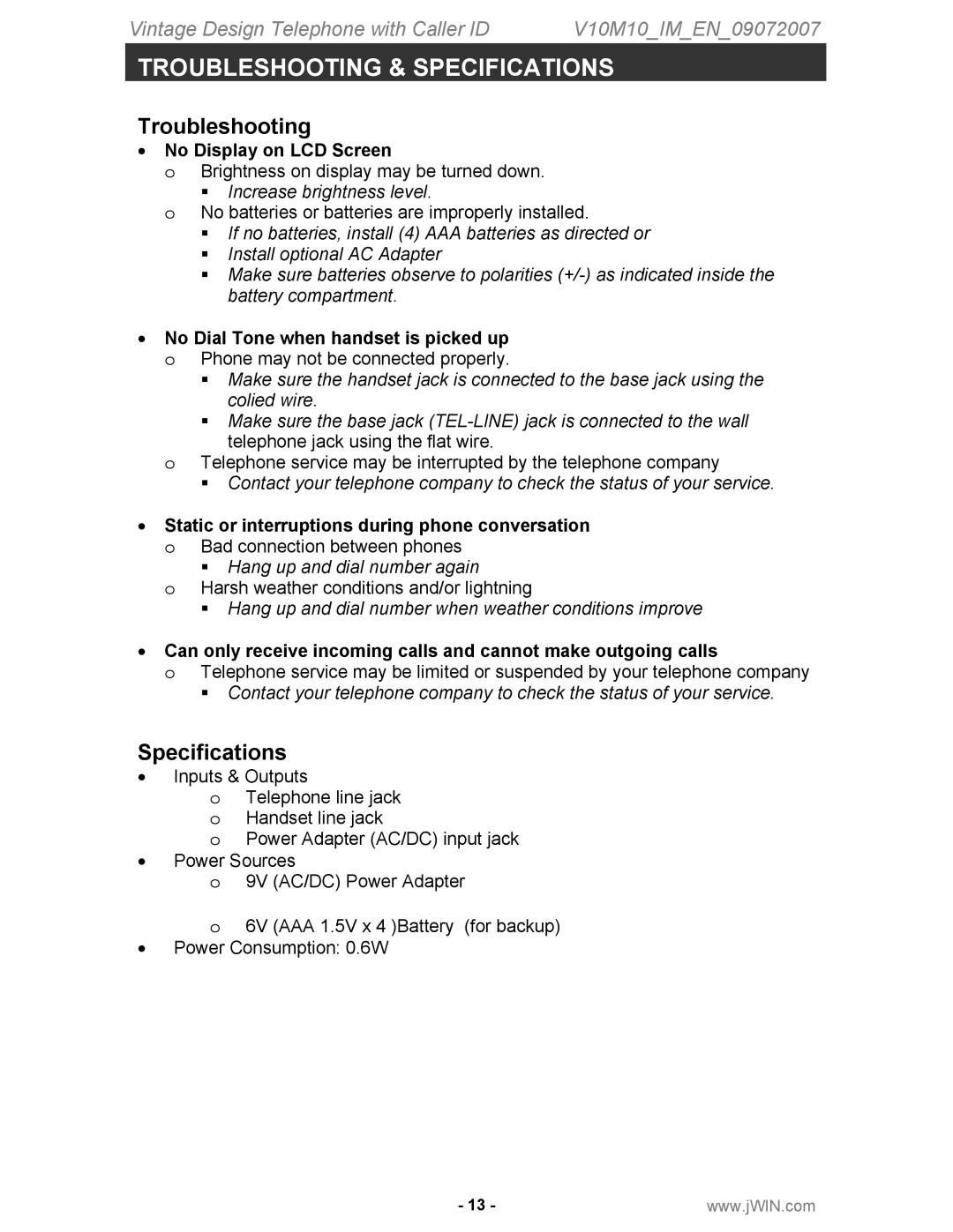 Jwin JT-P430 instruction manual Troubleshooting & Specifications 