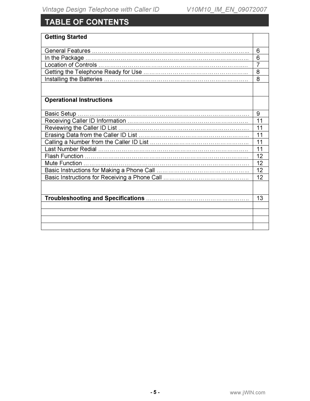 Jwin JT-P430 instruction manual Table of Contents 