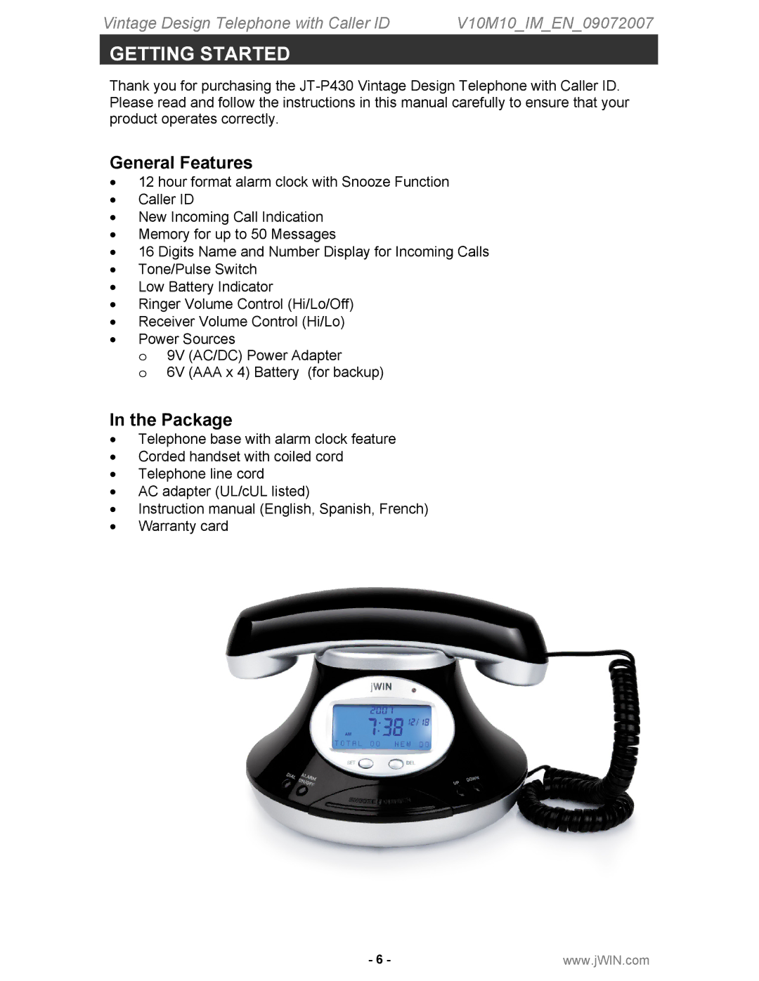 Jwin JT-P430 instruction manual Getting Started, General Features, Package 