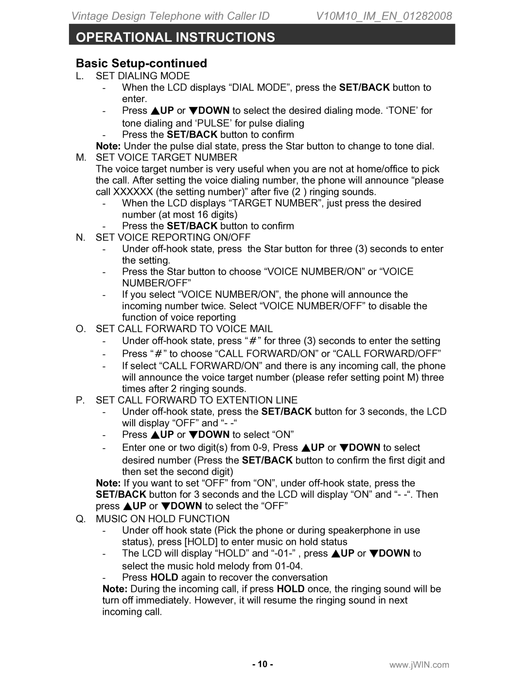 Jwin JT-P433 SET Dialing Mode, SET Voice Target Number, SET Voice Reporting ON/OFF, SET Call Forward to Voice Mail 