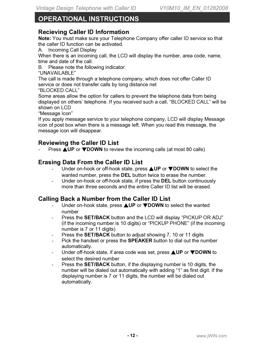 Jwin JT-P433 Recieving Caller ID Information, Reviewing the Caller ID List, Erasing Data From the Caller ID List 