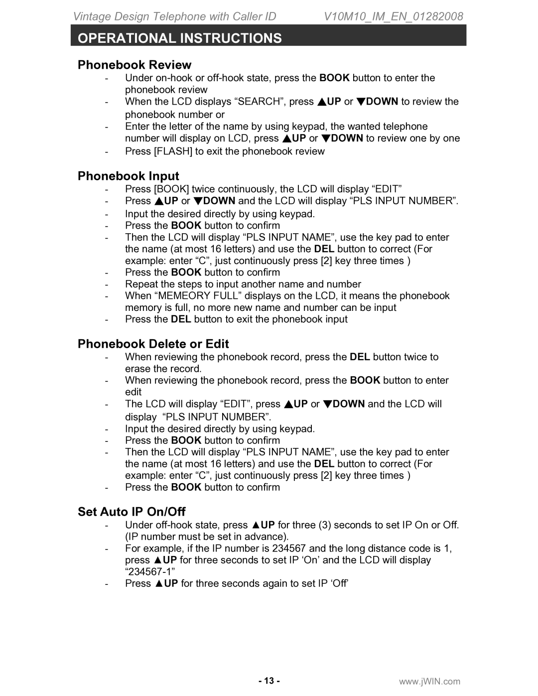 Jwin JT-P433 instruction manual Phonebook Review, Phonebook Input, Phonebook Delete or Edit, Set Auto IP On/Off 