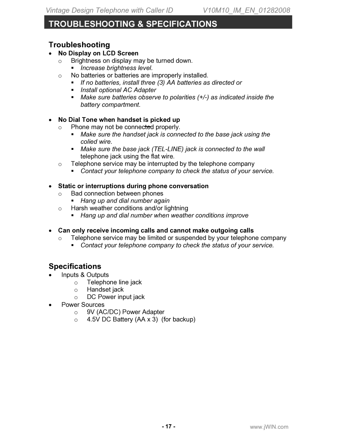 Jwin JT-P433 instruction manual Troubleshooting & Specifications 