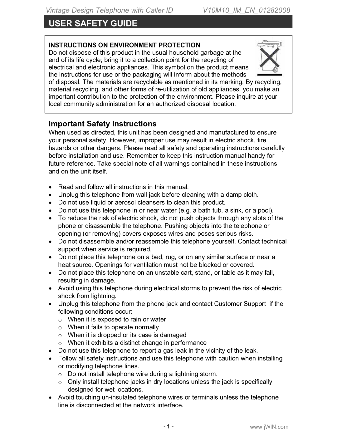 Jwin JT-P433 instruction manual User Safety Guide, Important Safety Instructions 