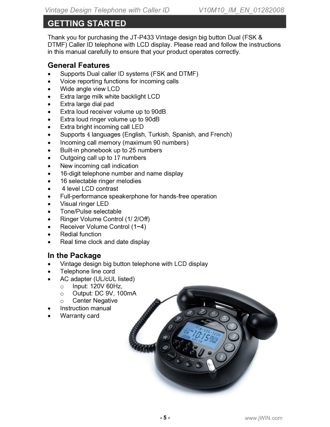 Jwin JT-P433 instruction manual Getting Started, General Features, Package 