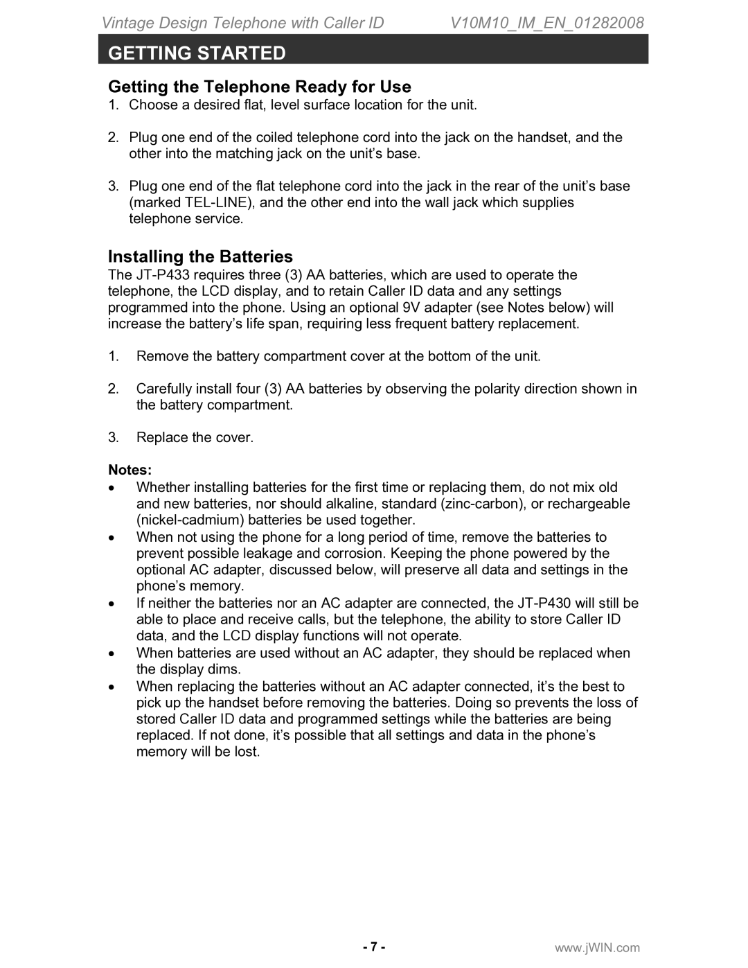 Jwin JT-P433 instruction manual Getting the Telephone Ready for Use, Installing the Batteries 