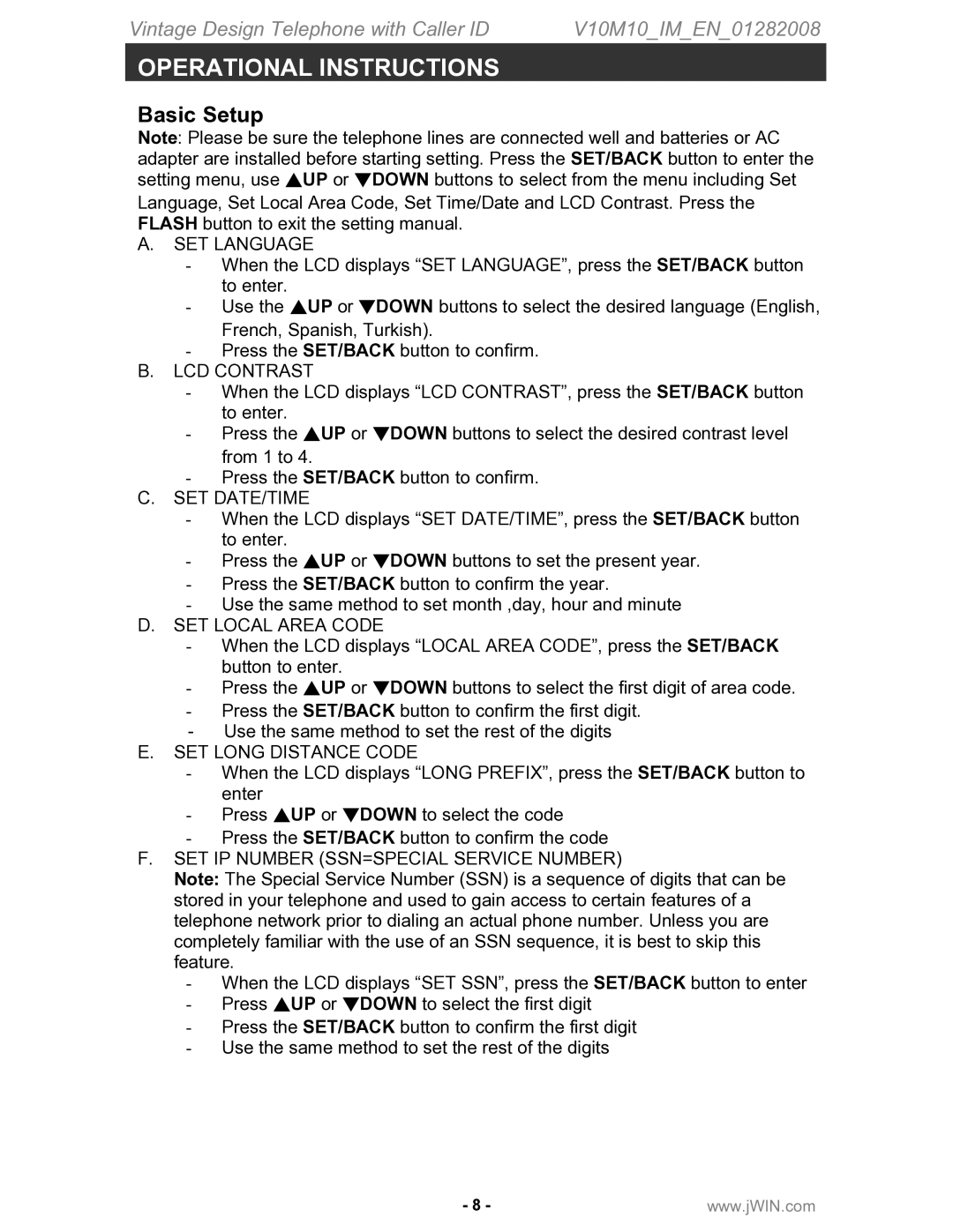 Jwin JT-P433 instruction manual Operational Instructions, Basic Setup 