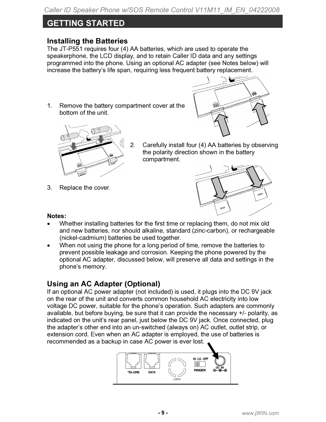 Jwin JT-P551 instruction manual Installing the Batteries, Using an AC Adapter Optional 