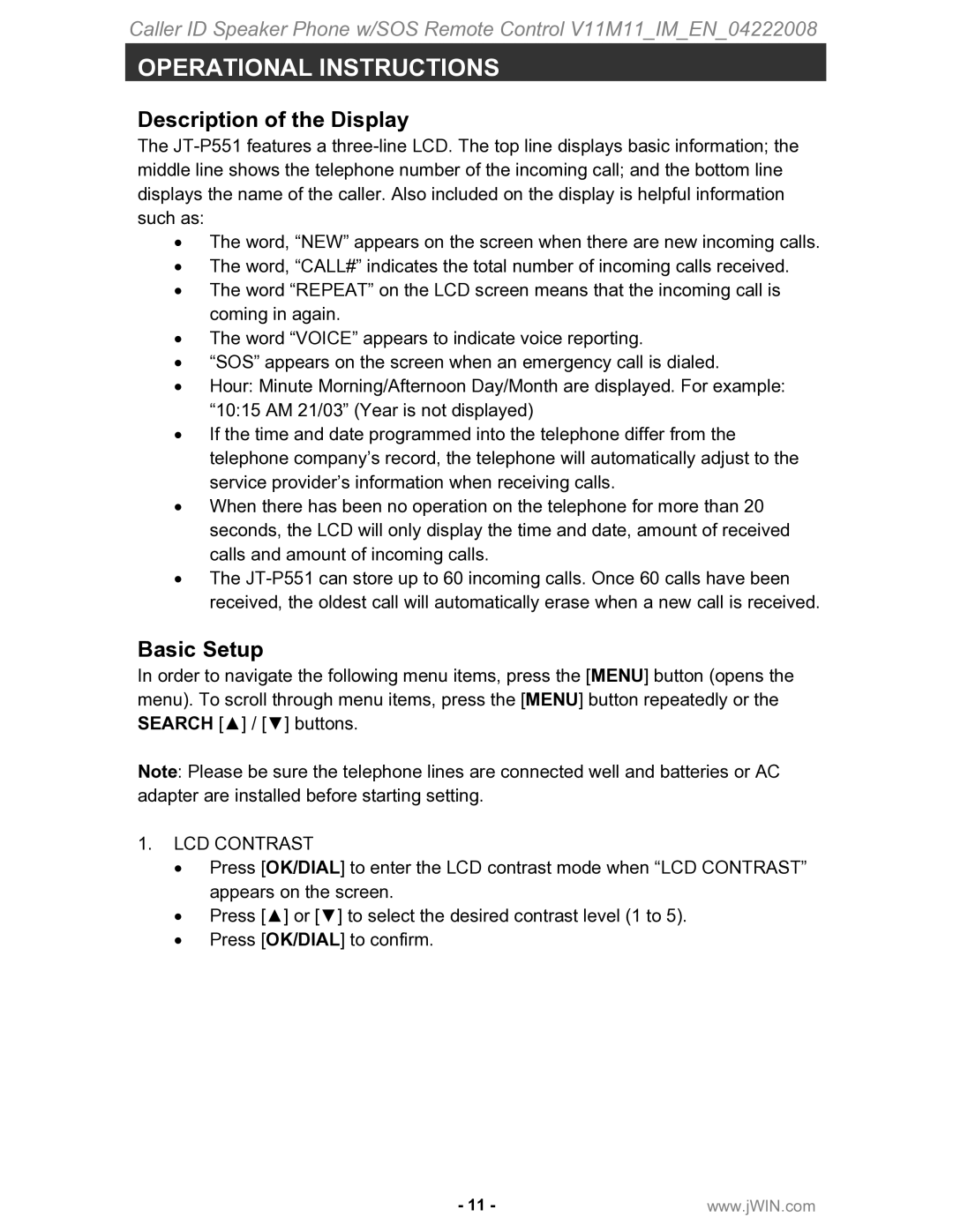 Jwin JT-P551 instruction manual Operational Instructions, Description of the Display, Basic Setup, LCD Contrast 