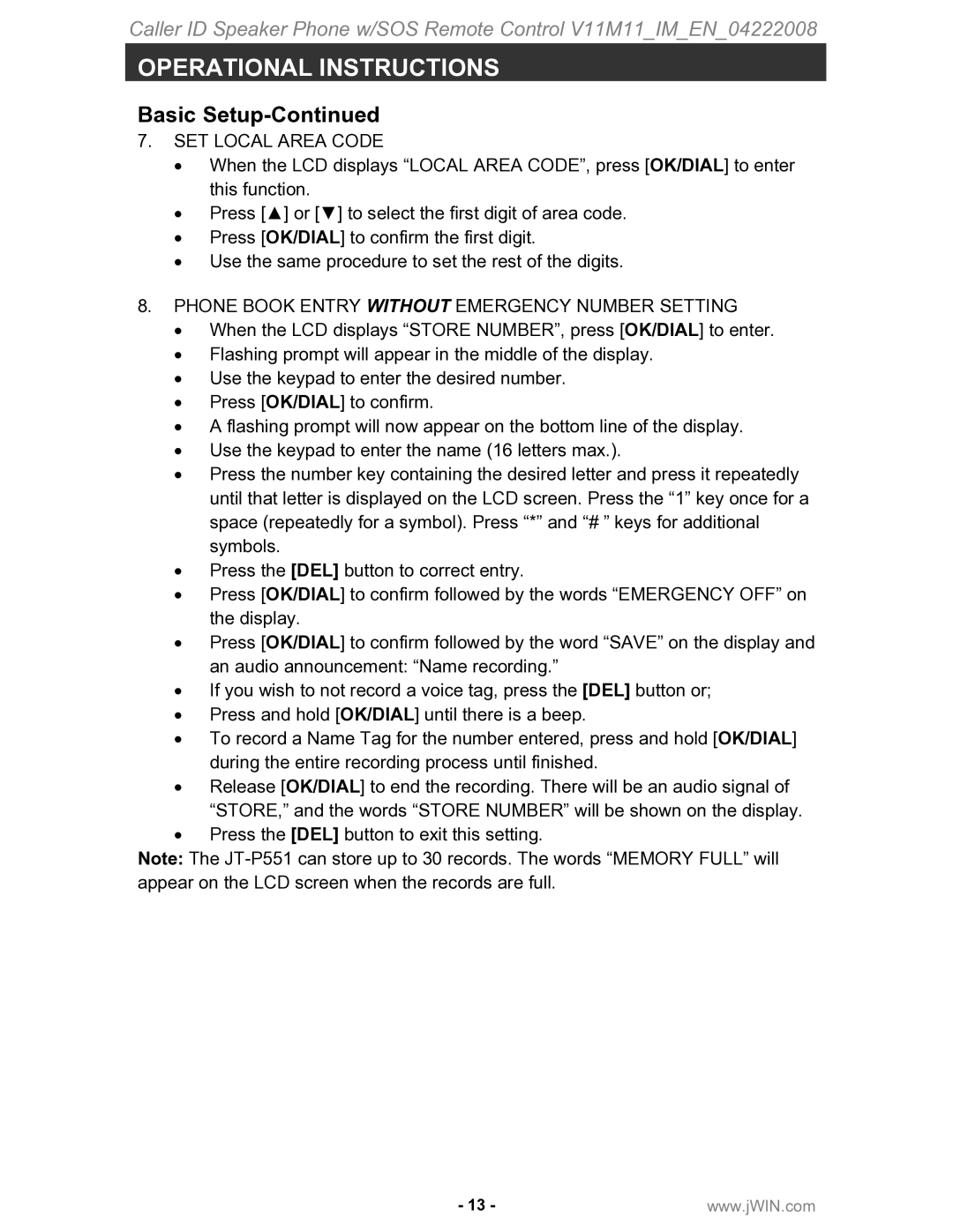 Jwin JT-P551 instruction manual SET Local Area Code, Phone Book Entry Without Emergency Number Setting 