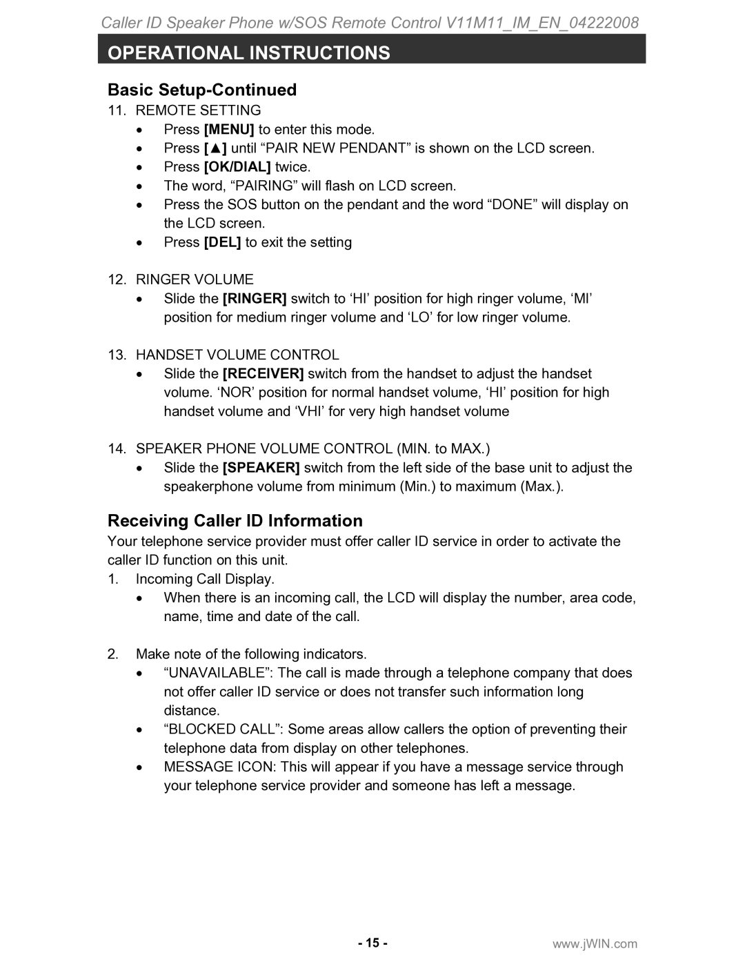 Jwin JT-P551 instruction manual Receiving Caller ID Information, Remote Setting, Ringer Volume, Handset Volume Control 