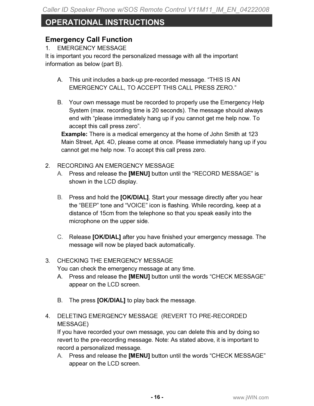 Jwin JT-P551 instruction manual Emergency Call Function, Recording AN Emergency Message, Checking the Emergency Message 