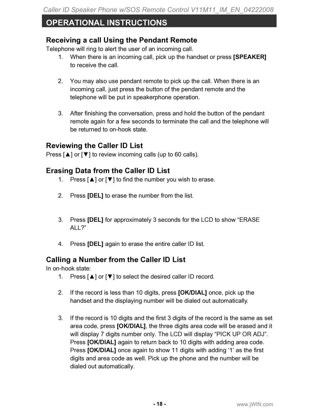 Jwin JT-P551 Receiving a call Using the Pendant Remote, Reviewing the Caller ID List, Erasing Data from the Caller ID List 