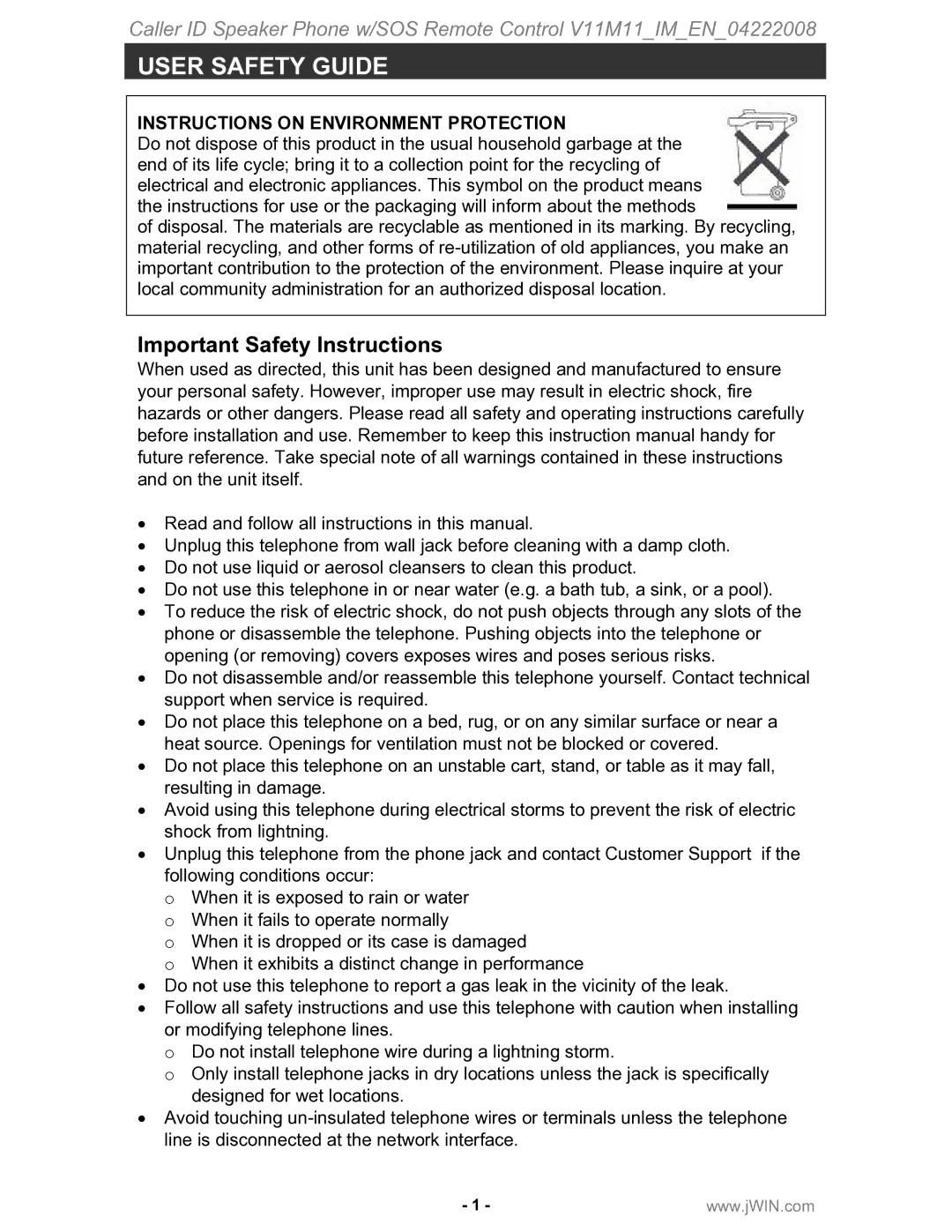 Jwin JT-P551 instruction manual User Safety Guide, Important Safety Instructions 