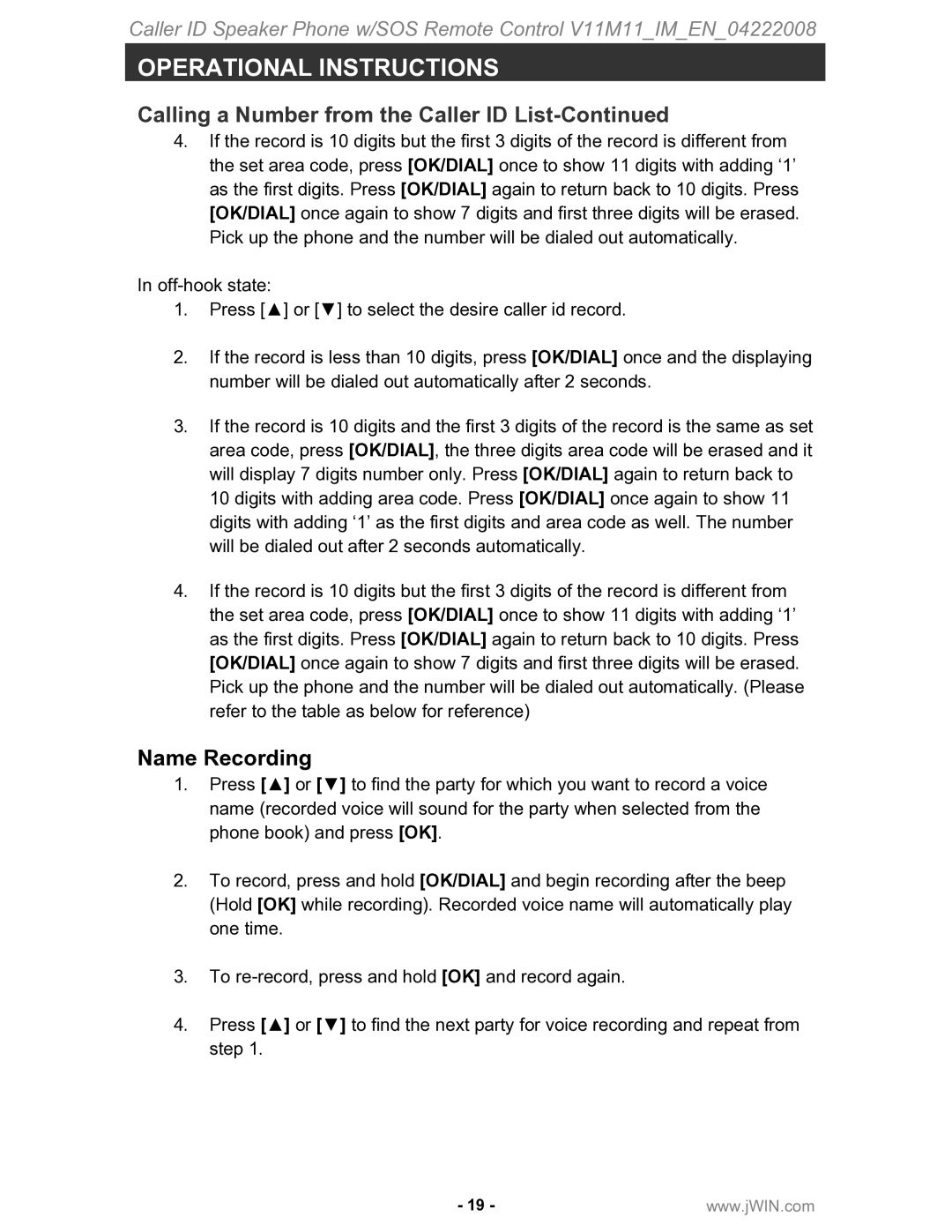 Jwin JT-P551 instruction manual Calling a Number from the Caller ID List, Name Recording 