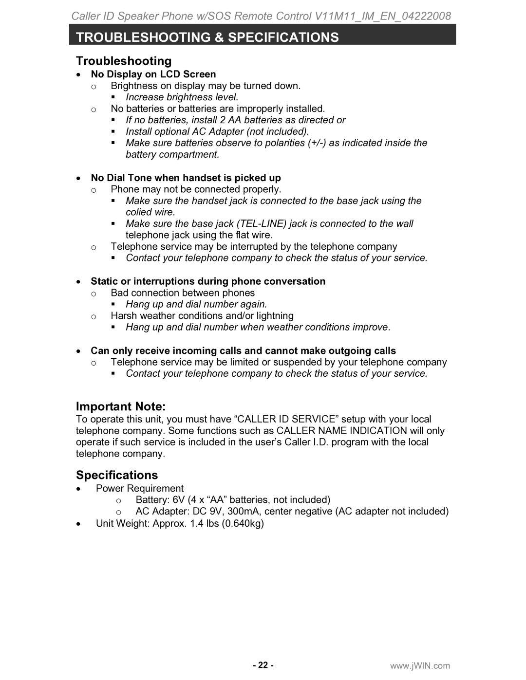 Jwin JT-P551 instruction manual Troubleshooting & Specifications, Important Note 